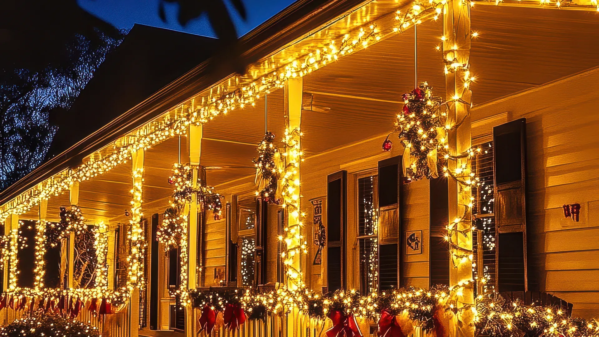 Varanda de casa decorada para o Natal à noite, com colunas e beirais cobertos de luzes douradas, guirlandas e laços vermelhos no guarda-corpo.